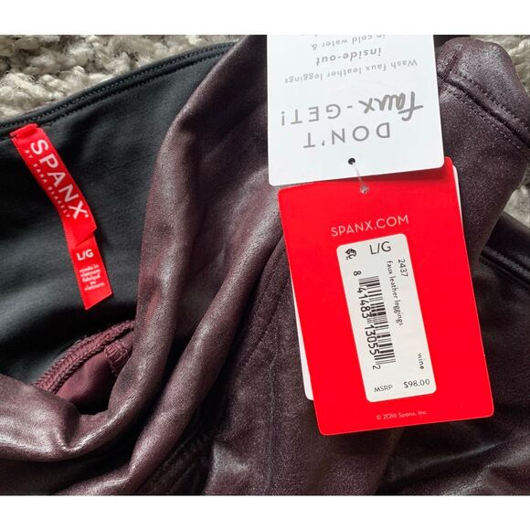 NEW NWT SPANX Faux Leather SHINY wine purple LEGGINGS sz L - Picture 5 of 6